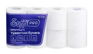 Бумага туалетная в рулоне SoffiPro Premium 3 сл без тиснения белая 30 м 8рул/уп (артикул производителя 10900970)