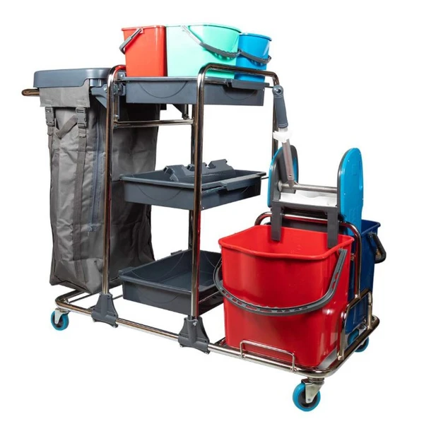 Профессиональная комплексная уборочная тележка с двумя ведрами и отжимом арт. KA915YK 